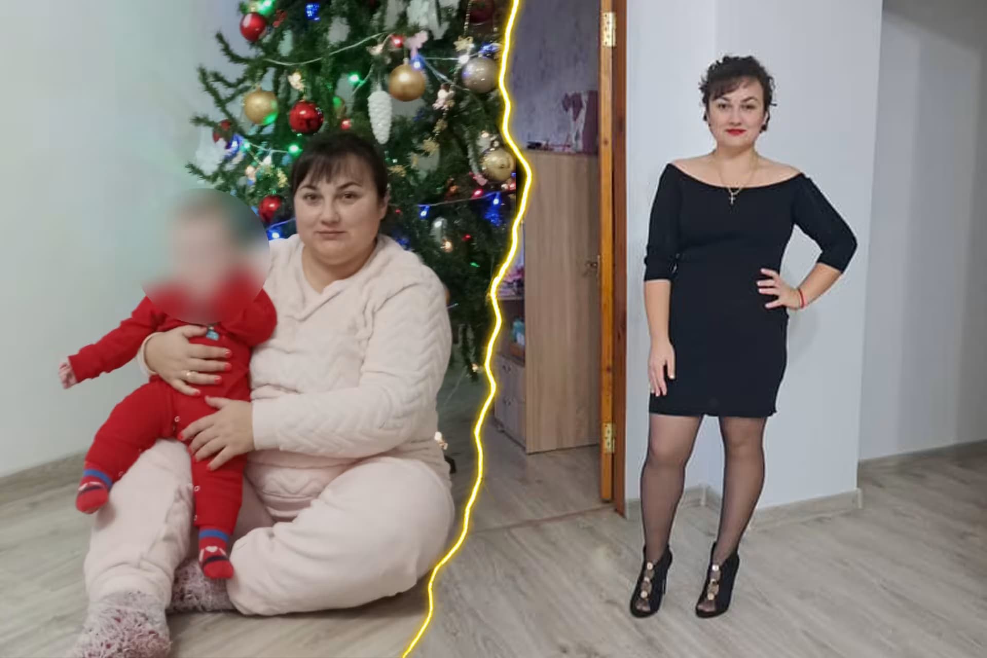 Colaj „înainte și după”: Svetlana alături de copil lângă bradul de Crăciun și după ce a slăbit 34 kg, purtând o rochie neagră.