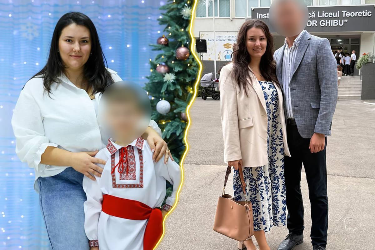 Colaj „înainte și după”: o femeie alături de copil lângă bradul de Crăciun și după ce a slăbit, alături de un bărbat în fața unei școli.