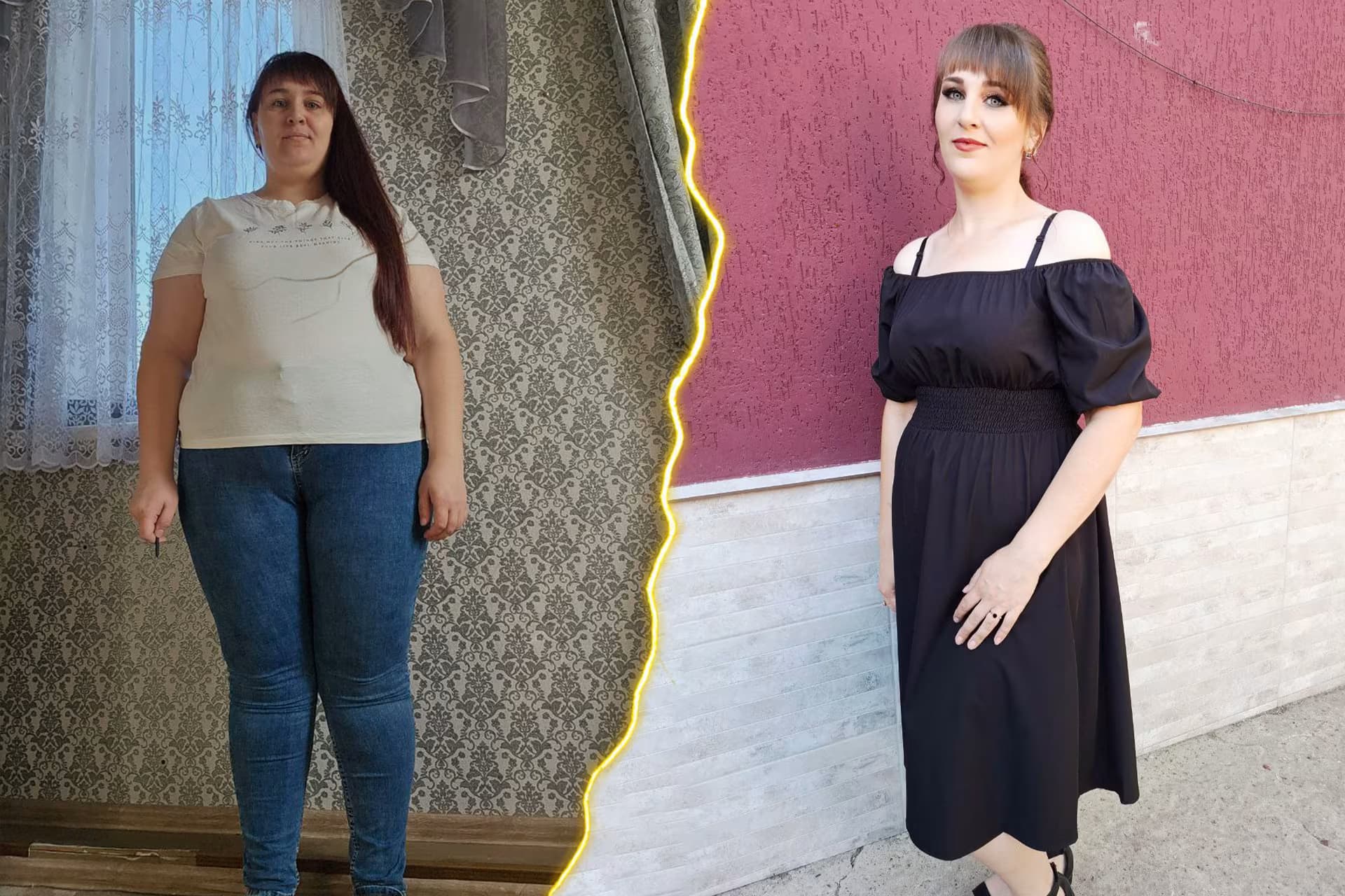 Colaj „înainte și după”: Valentina, mama a trei copii, înainte de programul DIKETO și după ce a slăbit 40 kg.