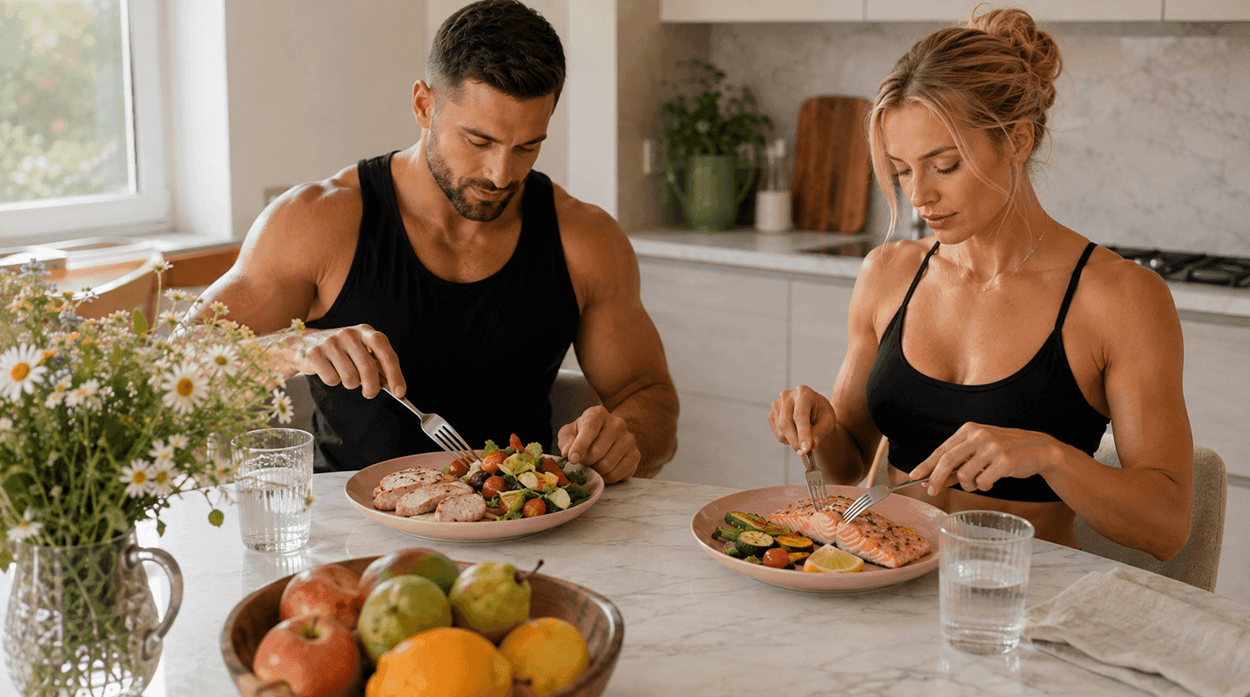 Bărbat și femeie sportivi consumă mese proteice cu carne, pește și legume pentru creșterea masei musculare