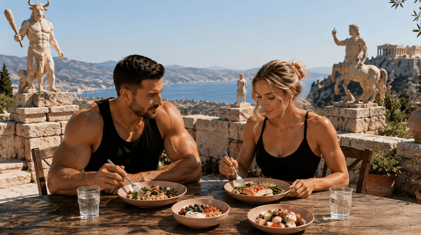 Bărbat și femeie la o masă mediteraneană cu pește, legume și alimente proaspete